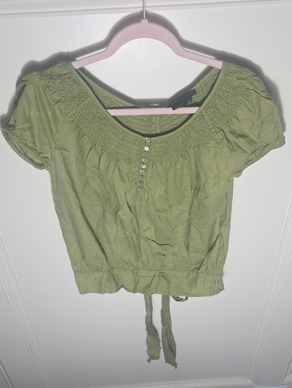 BCBGMaxAzria Light Olive Green Smocked Crop Top